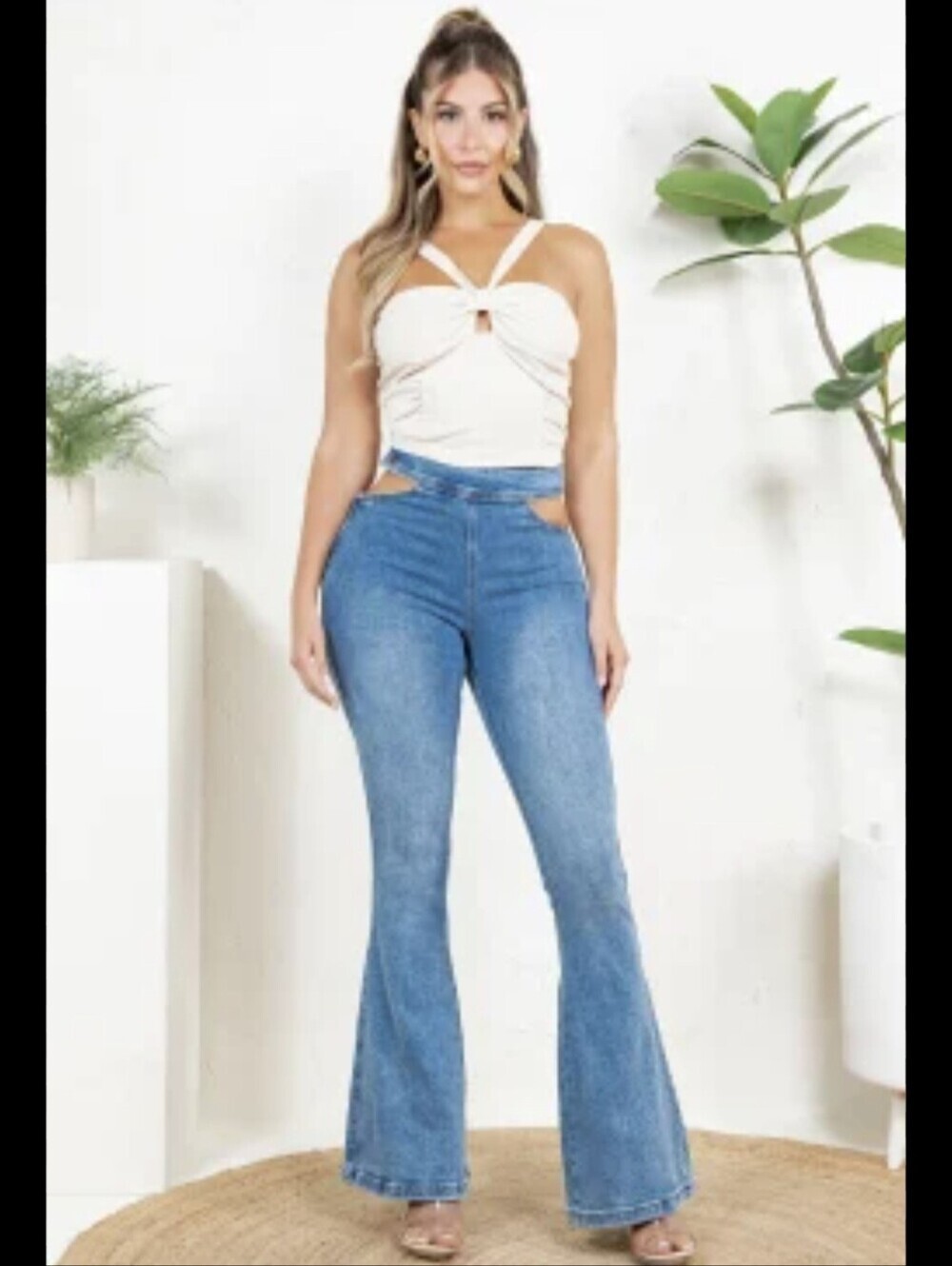 Angel High Rise Side Cutouts Flare Hem  Stretchy Blue Denim Jeans Size 11 Junior